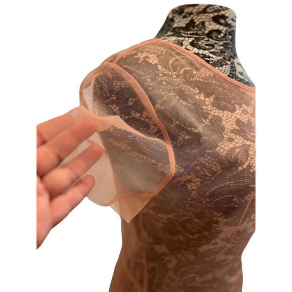 Forever 21 Sheer Mesh Dress Babydoll Layering Blush Pink Short Sleeve Pleated L - Picture 6 of 12